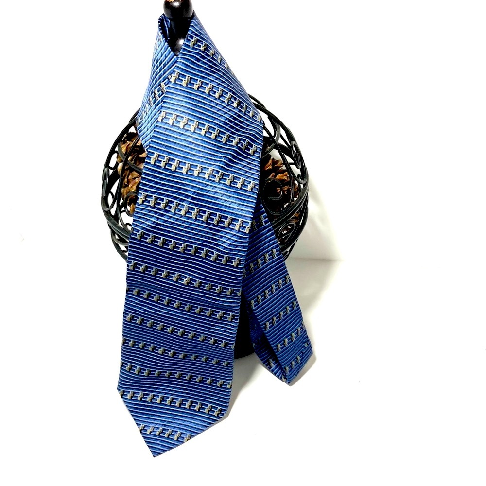 SILK Vintage Blue Gold Metallic Squared Print by John Henry Mens Necktie 4" Wide